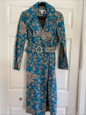 WD.NY Teal Floral Long-Sleeve Linen Silk Blend Wrap Dress/Coat with Belt Size 4